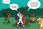  acting applejack_(mlp) bdsm bondage bondage_furniture bound canid canine canis cart english_text friendship_is_magic mammal melodrama my_little_pony puppet rarity_(mlp) text toonbat wolf 