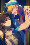  1boy 1girl anger_vein armlet bangs bare_shoulders black_bow blonde_hair blue_vest blush bow breasts brown_hair cis05 closed_eyes cropped_vest crying detached_collar earrings fate/grand_order fate_(series) gilgamesh gilgamesh_(caster)_(fate) hair_bow hoop_earrings ishtar_(fate)_(all) ishtar_(fate/grand_order) jewelry long_hair neck_ring parted_bangs red_eyes short_hair shoulder_tattoo smile stone_tablet tattoo tiara translation_request turban two_side_up vest 