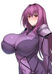  1girl bangs blush bodysuit breasts closed_mouth covered_navel fate/grand_order fate_(series) hair_between_eyes hair_intakes harukon_(halcon) highres huge_breasts long_hair looking_at_viewer pauldrons purple_bodysuit purple_hair red_eyes scathach_(fate)_(all) scathach_(fate/grand_order) simple_background white_background 