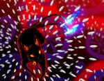  abstract abstract_background animal animal_ears bell black_cat blue_fire cat extra_tails fire glowing highres kaenbyou_rin kaenbyou_rin_(cat) multiple_tails no_humans orange_eyes ribbon spell_card sunyup tail tail_ribbon touhou two_tails 