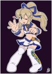  1girl android blonde_hair blue_ribbon blush boots capcom frilled_bracelet full_body green_eyes hair_ribbon high_heels high_ponytail holding holding_microphone ian_dimas_de_almeida idol long_hair microphone midriff miniskirt navel one_eye_closed open_mouth ponytail ribbon rockman rockman_(classic) roll sidelocks simple_background skirt sleeveless smile solo thigh_boots thighhighs zettai_ryouiki 