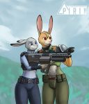  2020 ammo_belt ammunition anthro armor body_armor clothed clothing crossover daisy_(doom) digital_media_(artwork) dipstick_ears disney doom duo female fully_clothed fur gesture gloves grey_body grey_fur gun hair handwear holding_object holding_weapon judy_hopps lagomorph leporid mammal meme multicolored_ears open_mouth outside pirin-apex pointing police_uniform purple_eyes rabbit ranged_weapon red_eyes smile standing uniform video_games weapon zootopia 