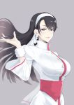  1girl alternate_hairstyle artist_request bangs black_hair buttons earrings hairband highres jewelry kagura_chizuru long_hair sash simple_background the_king_of_fighters 