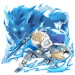  1boy animal_ears bangs blonde_hair blue_eyes blue_gloves breastplate chain closed_mouth eugeo gloves grey_pants hair_between_eyes highres holding holding_sword holding_weapon looking_at_viewer male_focus non-web_source official_art one_knee pants shiny shiny_hair shoulder_armor solo sword sword_art_online torn_clothes torn_pants weapon werewolf wolf wolf_ears 
