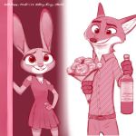  1:1 2020 anthro buckteeth canid canine cheek_tuft clothed clothing disney dress duo facial_tuft flower fox fully_clothed fur hand_on_hip hi_res holding_object inner_ear_fluff judy_hopps lagomorph leporid mammal nick_wilde pink_theme plant qalcove rabbit red_fox smile teeth tuft wine_bottle zootopia 