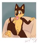  anthro balls brown_body brown_fur candy canid canine canis chase_(paw_patrol) defilerfox digital_media_(artwork) domestic_dog food fur furniture genitals hi_res knot male mammal nude paw_patrol penis penis_lollipop sofa solo young 