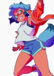  1girl arm_up armpit_peek backlighting bare_legs bare_thighs blue_hair blue_shorts brand_new_animal bright_pupils clenched_hand contrapposto cowboy_shot eyebrows fang from_below from_side furry green_eyes grey_background grin jacket jumping kagemori_michiru leg_lift looking_at_viewer looking_down miyazaki_shiori multicolored multicolored_eyes multicolored_hair off-shoulder_jacket off_shoulder open_clothes open_jacket popped_collar raccoon_girl raccoon_tail red_jacket shoes short_hair shorts simple_background smile sneakers snout solo tail tank_top thighs track_jacket two-tone_hair undershirt v-shaped_eyebrows white_tank_top wrist_extended 