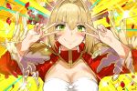  1girl ahoge bangs blonde_hair blush braid breasts cleavage closed_mouth double_v dress epaulettes fate/extra fate/grand_order fate_(series) french_braid green_eyes hair_between_eyes hair_intakes hair_ribbon hews_hack juliet_sleeves large_breasts long_hair long_sleeves looking_at_viewer nero_claudius_(fate) nero_claudius_(fate)_(all) parody petals puffy_sleeves red_dress red_ribbon ribbon sei_shounagon_(fate) smile solo sparkle v yellow_background 