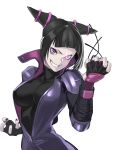  1girl absurdres black_hair breasts drill_hair fingerless_gloves gloves han_juri highres looking_at_viewer nail_polish purple_eyes ryu0120 short_hair simple_background smile solo street_fighter street_fighter_v twin_drills white_background 