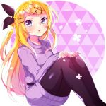  1girl alternate_hairstyle black_bow blonde_hair blue_eyes blush bow commentary feet_out_of_frame floral_print hair_bow hair_ornament hairclip hands_on_own_knees kagamine_rin kawahara_chisato knees_up long_hair looking_at_viewer older pantyhose parted_lips purple_sweater sitting sleeves_past_wrists solo sweater triangle turtleneck turtleneck_sweater vocaloid 
