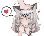  1girl animal_ear_fluff animal_ears arknights bangs braid closed_eyes cropped_shoulders english_commentary eyebrows_visible_through_hair grey_eyes grey_scarf hair_between_eyes hands_up head_chain heart kurisustinah leopard_ears leopard_girl long_hair motion_lines petting portrait pramanix_(arknights) scarf simple_background smile speech_bubble spoken_heart twin_braids watch white_background wristwatch 
