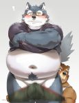  ! 2020 anthro belly blood blush bodily_fluids brown_body brown_fur bulge canid canine canis clothing fur hi_res humanoid_hands kemono male male/male mammal navel nikiciy nosebleed overweight overweight_male underwear undressing ursid wolf 