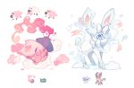  blue_eyes bulbasaur charamells closed_eyes cloud creature frosmoth full_body gen_1_pokemon gen_5_pokemon gen_6_pokemon gen_8_pokemon multiple_fusions musharna no_humans pokemon pokemon_(creature) sheep simple_background sleeping snowflakes standing sylveon white_background wooloo 