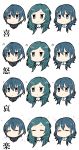  1boy 2girls bangs blue_eyes byleth_(fire_emblem) byleth_(fire_emblem)_(female) byleth_(fire_emblem)_(male) chibi closed_eyes expressionless expressions eyebrows_visible_through_hair face fire_emblem fire_emblem:_three_houses hair_between_eyes head_only highres ijiro_suika looking_at_viewer medium_hair mother_and_daughter mother_and_son multiple_girls multiple_views no_mouth no_nose parted_bangs pout sad short_hair simple_background sitri_(fire_emblem) smile sweatdrop translated white_background 