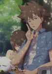  1boy absurdres brother_and_sister brown_eyes brown_hair closed_eyes commentary_request digimon digimon_adventure digimon_adventure_tri. highres looking_at_viewer open_mouth short_hair siblings sleeping tailmon tree yagami_hikari yagami_taichi 