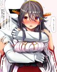 1girl admiral_(kantai_collection) bare_shoulders blush breasts brown_eyes detached_sleeves flying_sweatdrops gloves grey_hair hair_ornament hairband hairclip haruna_(kantai_collection) headgear highres hug jacket japanese_clothes jewelry kantai_collection large_breasts long_hair looking_at_viewer nontraditional_miko open_mouth remodel_(kantai_collection) ring sweatdrop tsukui_kachou wedding_band 