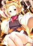  1girl :3 abstract_background absurdres animal_ears ash_blossom_&amp;_joyous_spring ass bangs_pinned_back bare_legs blonde_hair blush commentary_request cowboy_shot duel_monster floating folded_leg forehead fox_ears grey_kimono hair_ribbon highres japanese_clothes kanzakietc kimono long_sleeves looking_at_viewer orange_ribbon outstretched_arms red_scarf ribbon sash scarf short_hair short_kimono sidelocks sleeves_past_fingers sleeves_past_wrists smile solo white_kimono yellow_eyes yuu-gi-ou 