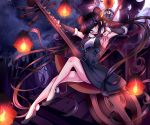 1girl absurdres bare_thighs black_dress china_dress chinese_clothes detached_sleeves double_bun dress fate/grand_order fate_(series) flute foxisdrawing hair_ornament highres huge_filesize instrument leaf_hair_ornament long_hair lychee pipa_(instrument) purple_hair sidelocks twintails very_long_hair yang_guifei_(fate/grand_order) 