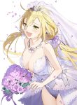  1girl :d bare_shoulders blonde_hair blush bouquet bridal_veil bride commentary_request dress elf flower green_eyes heart heart-shaped_pupils highres jewelry long_hair looking_at_viewer misoni_comi necklace official_art open_mouth petals pointy_ears ring simple_background sleeveless sleeveless_dress smile solo symbol-shaped_pupils twintails veil wedding_band wedding_dress white_background white_dress 