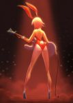  1girl absurdres animal_ears ass bad_proportions bunny_tail bunnysuit chwee facing_away fake_animal_ears flcl full_body guitar haruhara_haruko high_heels highres instrument leotard red_background red_leotard short_hair solo standing tail wrist_cuffs 