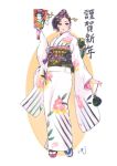  1girl carina_(xiaowoo) floral_print flower hair_flower hair_ornament japanese_clothes kimono kishi_mieko obi office_lady print_kimono sash white_kimono yukata 