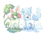  charamells commentary creature english_commentary full_body glaceon grass leafeon looking_away looking_back no_humans pokemon pokemon_(creature) purple_eyes simple_background snowflakes standing tree white_background yellow_eyes 