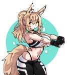  1girl animal_ear_fluff animal_ears arknights blonde_hair breasts choker cowboy_shot highleg highleg_panties highres horse_ears horse_tail huge_breasts interlocked_fingers large_tail lowleg lowleg_pants navel nearl_(arknights) orange_eyes panties pants solo sports_bra stretch sweat tail thick_thighs thighs underboob underboob_cutout underwear yoga_pants zana 