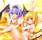  2girls :d :o bangs bare_legs barefoot bat_wings bikini blonde_hair blue_hair blush breasts commentary_request crystal eyebrows_visible_through_hair feet_out_of_frame feet_up flandre_scarlet fur-trimmed_gloves fur_trim gloves hair_between_eyes hairband hand_up head_rest highres hyurasan looking_at_viewer lying medium_breasts multiple_girls no_hat no_headwear on_stomach one_side_up open_mouth orange_bikini polka_dot polka_dot_bikini red_eyes red_hairband remilia_scarlet short_hair siblings sidelocks sisters smile swimsuit thighs touhou white_gloves wings 
