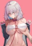  1girl absurdres azur_lane bangs bare_shoulders belt_collar black_jacket blue_hair blush bottomless breast_grab breasts chinese_commentary cleavage closed_mouth collar collarbone commentary_request eyebrows_visible_through_hair eyes_visible_through_hair grabbing groin hair_between_eyes hair_intakes hair_over_one_eye highres jacket l.j. large_breasts leash looking_at_viewer medium_hair midriff multicolored_hair navel o-ring o-ring_top off-shoulder_jacket open_clothes open_jacket pink_nails pov pov_hands red_background red_eyes sirius_(azur_lane) sleeves_past_wrists solo_focus standing swimsuit two-tone_hair underboob upper_body white_bikini_top white_hair 