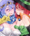 2girls :q bare_shoulders black_gloves blue_hair blush breasts cape circlet cleavage covered_nipples cum cum_on_body cum_on_clothes cum_on_upper_body dragon_quest dragon_quest_iii elbow_gloves eyelashes facial gloves hair_between_eyes hat highres huge_nipples large_breasts long_hair looking_at_viewer mage_(dq3) multiple_girls purple_eyes red_eyes red_hair sage_(dq3) small_breasts smile sweatdrop tongue tongue_out witch_hat yellow_gloves zkstxxx 