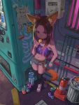  1girl animal_ears black_legwear blush bottle bracelet breasts building can candy collar food furry hair_ornament highres jewelry kunikune lips long_hair navel original power_lines red_eyes road scenery shoes shop short_shorts shorts sneakers soda_can street tail thighhighs tongue vending_machine wolf_ears wolf_girl 