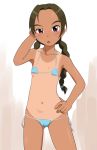  1girl abenobashi_mahou_shoutengai asahina_arumi braid brown_hair bubukka cameltoe commentary_request long_hair looking_at_viewer navel one-piece_tan open_mouth red_eyes simple_background solo swimsuit tagme tan tanline twin_braids 