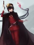  1boy absurdres aito black_hair cape closed_mouth fate/grand_order fate_(series) gloves hat highres long_hair military military_hat military_uniform oda_nobukatsu_(fate/grand_order) red_eyes simple_background smile solo uniform 