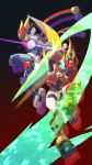  android blonde_hair degarashi_(ponkotsu) energy_sword full_body gradient gradient_background green_eyes grey_(rockman) helmet highres holding holding_weapon jumping long_hair model_zx open_mouth phone_wallpaper power_armor rockman rockman_zx simple_background sword weapon 