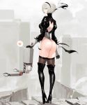  1girl ass back back_cutout bamuth black_legwear blurry blurry_background boots feather-trimmed_sleeves gloves green_eyes hairband heart high_heel_boots high_heels highleg highleg_leotard highres leotard looking_at_viewer looking_back nier_(series) nier_automata pod_(nier_automata) short_hair silver_hair solo standing thigh_boots thighhighs thighhighs_under_boots torn_blindfold yorha_no._2_type_b 