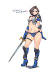  1girl blush boots breasts carina_(xiaowoo) eyeshadow hair_ornament highres kishi_mieko light_smile lips lipstick makeup navel original pink_lipstick short_hair single_hair_intake sword weapon 