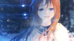  1girl :d bangs blue_eyes blurry blurry_background brown_hair depth_of_field eyebrows_behind_hair floating_hair hair_between_eyes hand_up jacket long_hair mocha_(cotton) night open_clothes open_jacket open_mouth original shirt smile snow solo twitter_username upper_body white_jacket 
