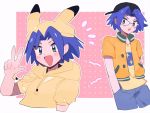  1boy 2ameyasan2 backwards_hat blue_hair blush cosplay dejiko dejiko_(cosplay) glasses green_eyes hat highres kojirou_(pokemon) nasa_logo open_mouth pikachu pink_background pokemon pokemon_(anime) shirt solo t-shirt team_rocket 