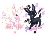  black_ribbon blue_eyes charamells commentary creature crescent crescent_moon english_commentary flower full_body gen_2_pokemon gen_4_pokemon moon no_humans pokemon pokemon_(creature) purple_eyes ribbon rose simple_background standing sylveon umbreon white_background 