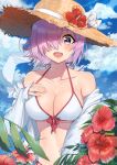  1girl bare_shoulders bikini blue_sky blush bow breasts cleavage collarbone fate/grand_order fate_(series) flower hair_over_one_eye halter_top halterneck hand_on_own_chest hat highres jjeono large_breasts lavender_hair looking_at_viewer mash_kyrielight navel off_shoulder open_mouth pink_bow purple_eyes short_hair side-tie_bikini sky smile solo straw_hat swimsuit swimsuit_of_perpetual_summer white_bikini 