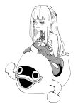  bangs bare_shoulders blunt_bangs blush closed_mouth collarbone earrings elbow_gloves final_fantasy final_fantasy_xiv gloves greyscale half-closed_eyes hatching_(texture) highres jewelry long_hair mnnnya monochrome omega-f ponytail riding signature single_earring sitting solo youkai_watch 