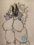  4_toes absurd_res anthro big_breasts blue_eyes bovid breasts bright_eyes caprine fluffy hi_res kindred_(lol) lamb_(lol) league_of_legends mammal nude overweight riot_games sheep simple_background solo tattoo thick_thighs toes traditional_media_(artwork) video_games 