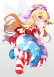  1girl american_flag_dress ass blonde_hair blush clownpiece commentary_request dress fairy_wings feet full_body gradient gradient_background grey_background grin hat highres jester_cap long_hair looking_at_viewer looking_back no_panties no_shoes pantyhose pantyhose_pull polka_dot purple_headwear red_eyes revision short_dress short_sleeves smile solo star star_print striped touhou wenu_(kirikirimai) wings 