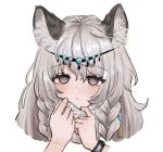  1girl animal_ear_fluff animal_ears arknights bangs braid cropped_shoulders english_commentary expressionless eyebrows_visible_through_hair grey_eyes grey_scarf hair_between_eyes hands_up head_chain kurisustinah leopard_ears leopard_girl long_hair portrait pramanix_(arknights) scarf simple_background solo twin_braids watch white_background wristwatch 
