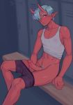  1boy abs absurdres artist_name bench blush boxers_pull collarbone commentary commission covered_nipples english_commentary erection feet_out_of_frame hair_over_one_eye highres ittla kenta_(ittla) locker locker_room looking_at_viewer male_focus male_pubic_hair navel oni oni_horns original parted_lips penis pointy_ears pubic_hair purple_eyes red_skin signature silver_hair sitting solo sweat tank_top toned toned_male uncensored white_tank_top 