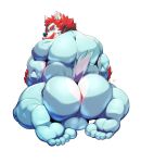  2020 5_toes absurd_res anthro anus backsack balls big_balls big_muscles black_nose blue_body blue_eyes blue_fur butt canid canine canis cursedmarked facial_hair fur genitals grin hair hi_res kneeling looking_at_viewer male mammal multicolored_body multicolored_fur muscular muscular_male mustache pink_anus plantigrade red_hair simple_background smile solo toes two_tone_body two_tone_fur white_background white_body white_fur wolf 