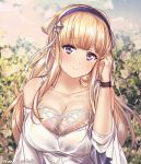  1girl bangs blonde_hair blouse blue_sky blush breasts bush cleavage cloud cloudy_sky day double_bun eyebrows_visible_through_hair fletcher_(kantai_collection) flower hair_ornament hairband juurouta kantai_collection large_breasts long_hair looking_at_viewer off_shoulder outdoors purple_eyes rose sky smile solo star star_hair_ornament twitter_username upper_body white_blouse wristband 