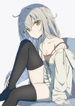  1girl bare_shoulders black_legwear breasts brown_eyes camisole cleavage collarbone commentary_request expressionless gochou_(atemonai_heya) grey_hair grey_jacket head_tilt highres jacket knee_up long_hair long_sleeves looking_at_viewer no_shoes off_shoulder original simple_background sitting solo strap_slip thighhighs thighs white_background zettai_ryouiki 