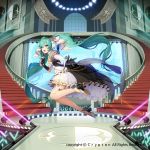  1girl aqua_eyes aqua_hair banner concert dress elbow_gloves flag floating_hair foreshortening from_side full_body gloves glowstick green_hair hatsune_miku high_heels highres indoors laser long_hair mamima official_art open_mouth outstretched_arm solo stage stairs twintails very_long_hair vocaloid 