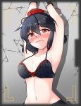  1girl against_wall arms_up bdsm black_bra black_hair blush bow bow_bra bra breasts cleavage collarbone cuffs curly_hair eyebrows_visible_through_hair hair_between_eyes hat highres looking_at_viewer medium_breasts navel nintoku open_mouth pom_pom_(clothes) red_eyes shackles shameimaru_aya short_hair solo tokin_hat touhou underwear upper_body viewfinder wrist_cuffs 